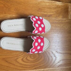 Jack Rogers Pink and White Daisy Slide Sandals with Scalloped Strap